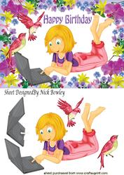 Girl in a Garden of Flowers on Her Laptop with Birds