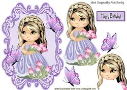 Pretty Girl with Bunch of Tulips and Butterflies