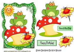 Cheeky Frog on a Mushroom in a Pea Frame with Sunflower