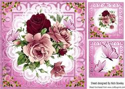 Pretty Roses on Lace with Butterflies Card and Toppers
