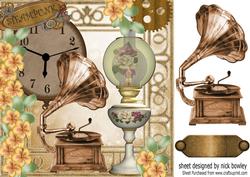 Lovely Oil Lamp and Gramaphone with Peach Roses 8x8