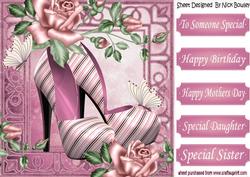 Pretty Pink Stripe Shoes with Roses and Butterflies 8x8