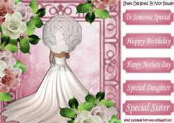 Beauty in White with Parasol and Pink/white Roses 8x8