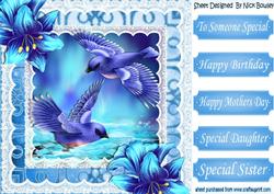 Pretty Blue Birds in Fantasy Scene with Tropical Flowers 8x8