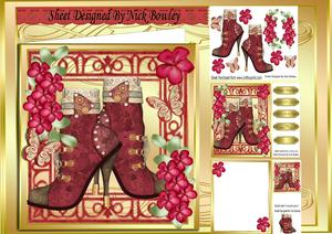 Pretty Red Vintage Lace Boots, Red Flowers 8x8 Mini Kit