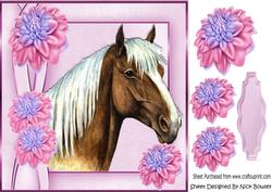 Pretty Palomino Horse with Pink Chrysanthemums 8x8