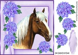 Pretty Palomino Horse with Lilac Chrysanthemums 8x8