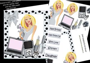 Trendy Lady in Silver with Her Laptop & Makeup 8x8 Mini Kit