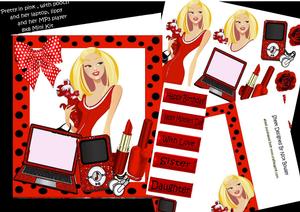 Trendy Lady in Red with Her Laptop & Makeup 8x8 Mini Kit