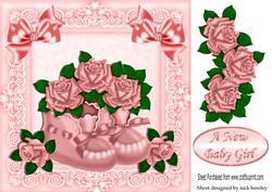Pink Bootees, with Pink Roses in Lace Frame 8x8