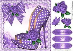 Pretty Purple Polka Dot Shoes with Roses and Bow 8x8