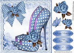 Pretty Blue Polka Dot Shoes with Roses and Bow 8x8