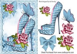 Pretty Blue Polka Dot Shoe with Roses & Butterfly