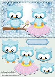 Cute Owls Sitting on a Branch and Flower