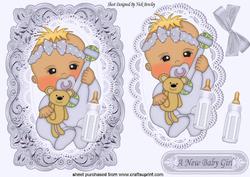 Baby Girl in Silver on Lace with Her Teddy & Bottle