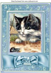 Cute Kitten with Mouse in Ornate Frame with Bow A4