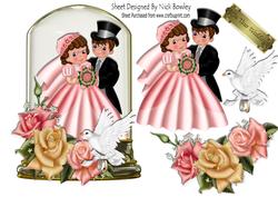 Bride and Groom in Glass Dome with Pink/peach Roses