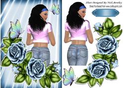 Pretty Girl with Blue Roses & Butterflies