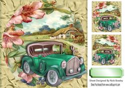Vintage Car with Flowers and a Cottage 8x8