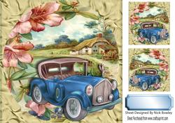 Blue Vintage Car with Flowers and a Cottage 8x8