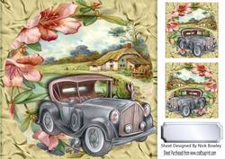 Silver Vintage Car with Flowers and a Cottage 8x8