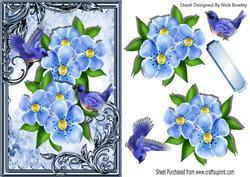 Blue Birds and Blue Flowers in Ornate Frame