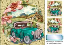 Turq Vintage Car with Flowers and a Cottage 8x8