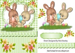 Cute Bunnies with Easter Eggs, on Lace and Gingham