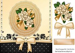 Pretty Gold and Lace Doilie with Gold Flowers and Bow 8x8