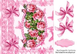 Pretty Pink Roses and Pink Bows with Pearls 8x8