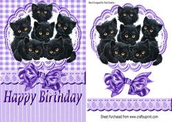 Six Cute Little Black Kittens on Lace with Purple Bow