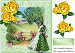 Sweet Bonnet Girl in Green with Pretty Cottag Flowers, 8x8