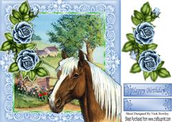 Beautiful Palomino Horse in the Meadow with Roses 8x8