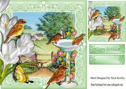 Pretty Birds in the Spring with Meadows and Cottages 8x8