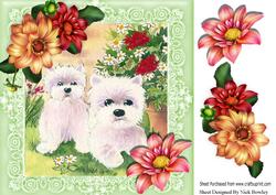 Westies in the Garden with Pretty Corner Flowers 8x8