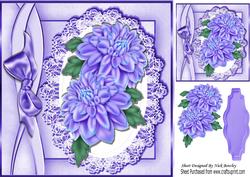 Pretty Lilac Chrysthanthemums on Lace with Bow 8x8