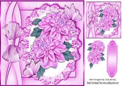 Pretty Pink Chrysthanthemums on Lace with Bow 8x8