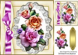 Pretty Pink/peach Roses on Lace with Bow 8x8