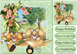Cute Bunnies Gardening in the Meadow with Cottage 8x8