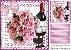 Red Wine, and Pink Roses on Lace with Bow 8x8
