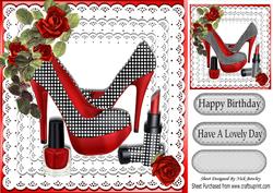 Red Polkadot Shoes with Roses and Makeup on Lace 8x8