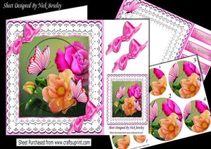 Wild Peach/pink Roses & Butterflies on Lace Pyramids 8x8 Kit