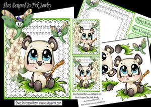 Cute Panda with Toony Dragonfly on Lace with Flowers 8x8 Kit