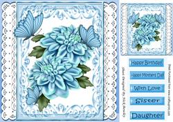 Pretty Blue Chrysanthemums, & Butterflies on Lace 8x8