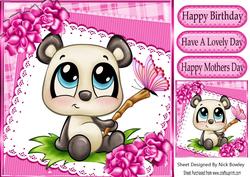 Cute Panda with Butterfly on Lace with Pink Flowers 8x8