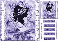 Pretty Vintage Silhouette Lady on Lace with Purple Bow 8x8