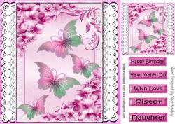 Pretty Pink Butterflies with Flowers on Lace 8x8