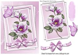 Pretty Lilac Magnolias, with Butterfly and Bow in Lace Fram