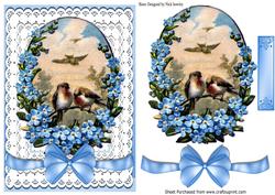 Vintage Birds with Blue For-get-me-nots, on Lace with Bow