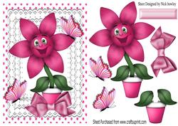 Happy Little Pink Flower with Butterflies and Bow
